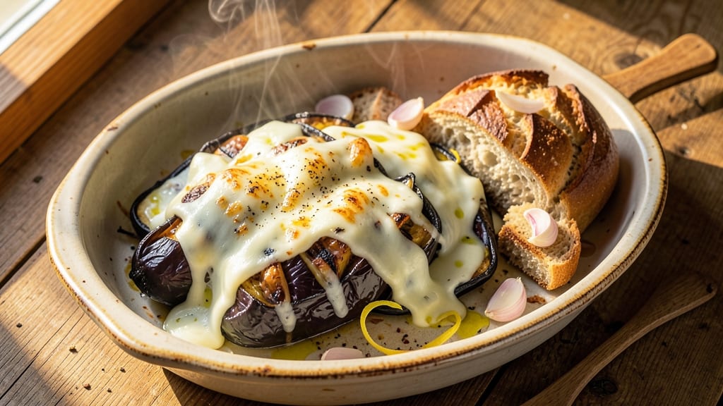 Aubergine, Kitchen Cheese Bread Recipe: Smoky Grilled Eggplant with Melty Cheese Crust